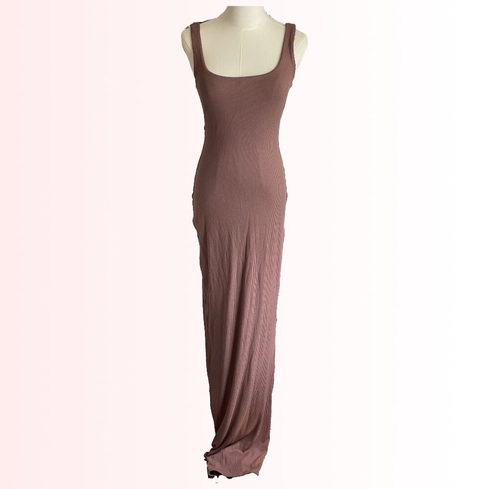 Naked Wardrobe soft brown maxi bodycon split back sleeveless dress - NWOT